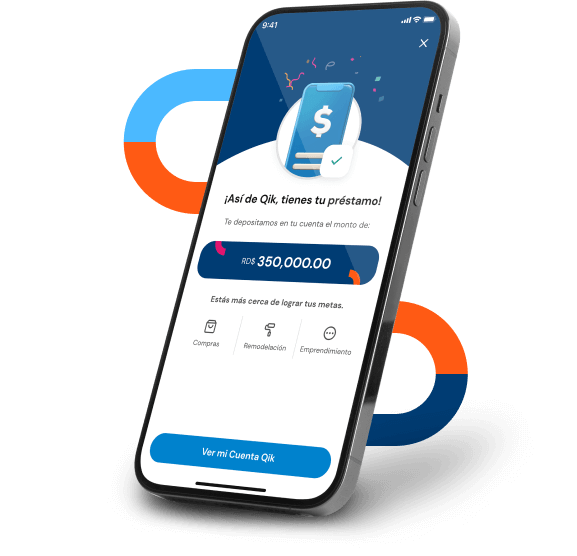 Teléfono móvil mostrando pantalla del App Qik con un préstamo aprobado.