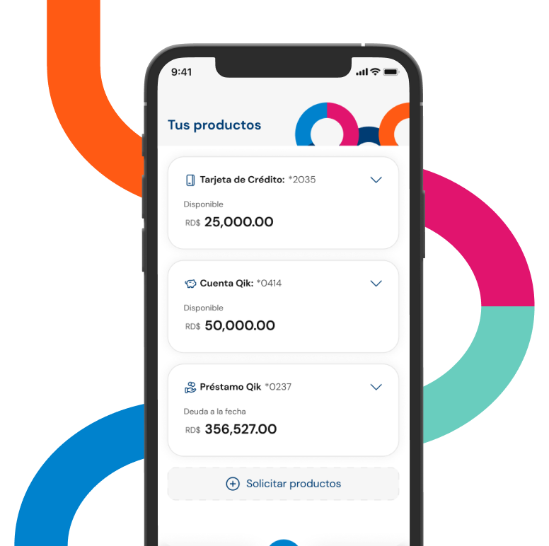 Teléfono móvil mostrando pantalla del App Qik donde se ven para seleccionar, la Cuenta Qik, la Tarjeta de Crédito Qik y un Préstamo Qik.